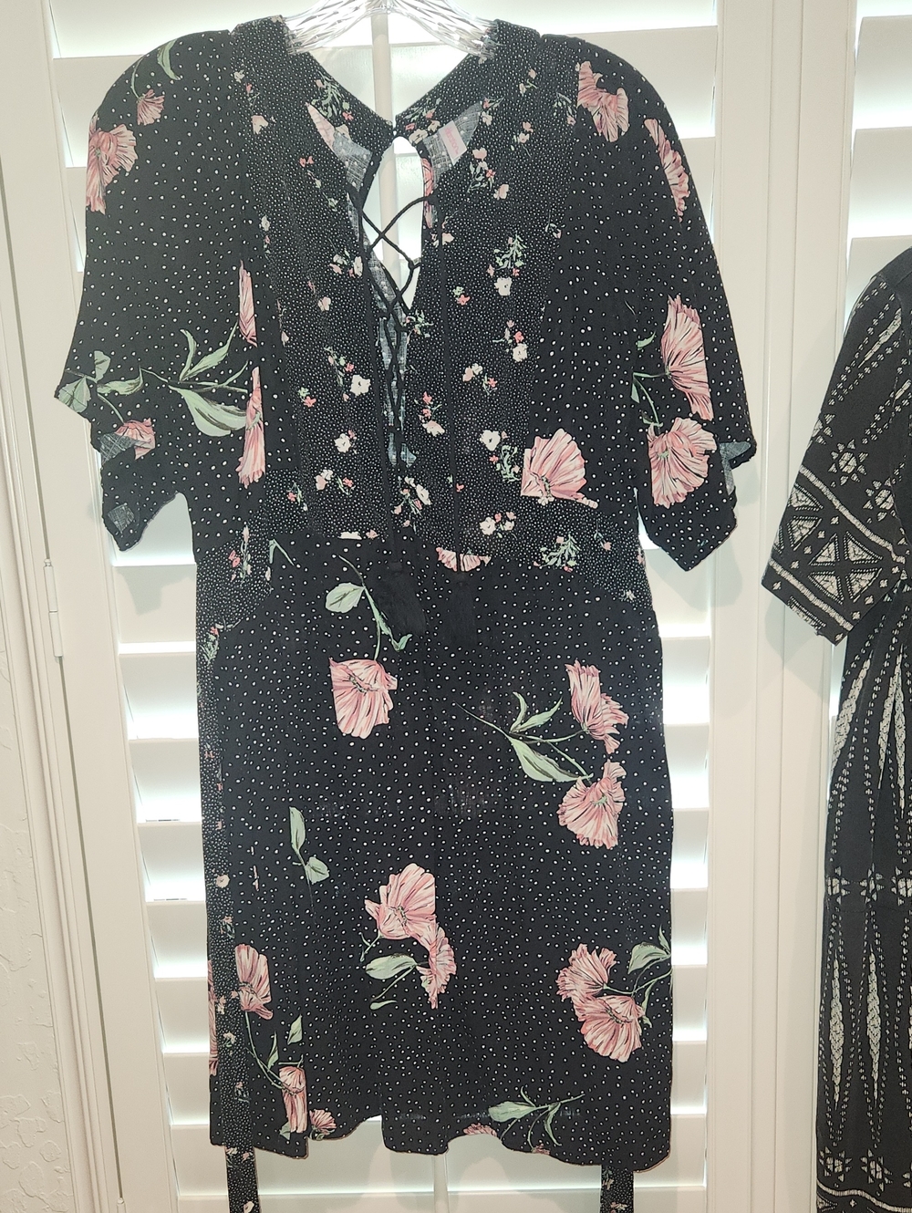 Size LG, Exhilaration Dress. Black Background, Florals & White Polka Dots